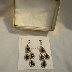 Stella & Dot Navy Blue Teardrop Chandelier Earrings Gold Tone NWT